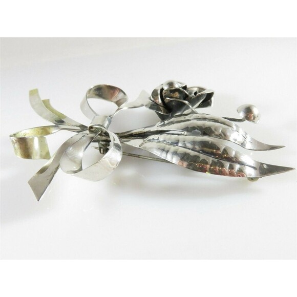 Large 4" Sterling Silver Flower Spray Brooch Ribbon Bow Handwrought Repair - Picture 7 of 13